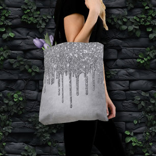 Dripping Silvery Glitter   Platinum Faux Metallic Tote Bag