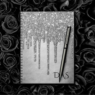 Dripping Silvery Glitter   Platinum Glam Monogram Notebook