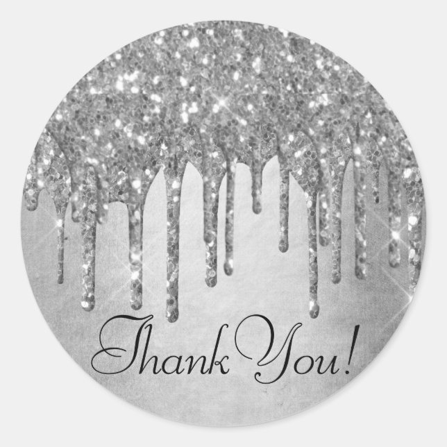 Dripping Silvery Glitter | Platinum Glam Thank You Classic Round Sticker (Front)