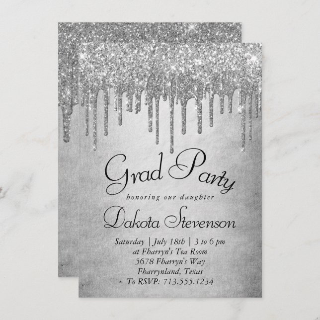 Dripping Silvery Glitter | Platinum Graduation Invitation (Front/Back)