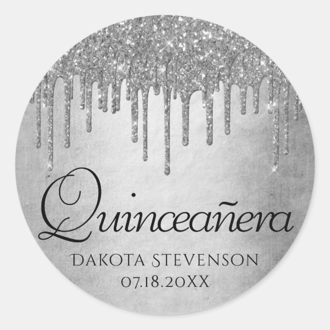 Dripping Silvery Glitter | Platinum Quinceanera Classic Round Sticker (Front)