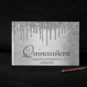 Dripping Silvery Glitter Platinum Quinceanera Guest Book