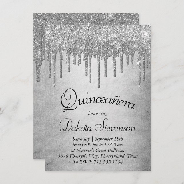 Dripping Silvery Glitter | Platinum Quinceanera Invitation (Front/Back)