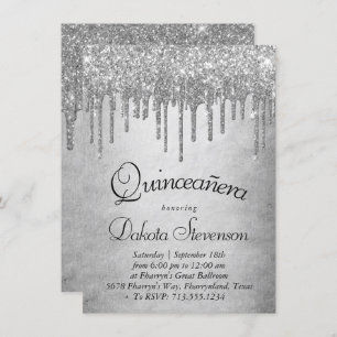 Dripping Silvery Glitter   Platinum Quinceanera Invitation