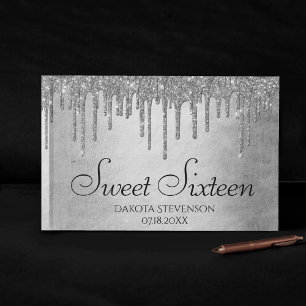 Dripping Silvery Glitter Platinum Sweet Sixteen Guest Book