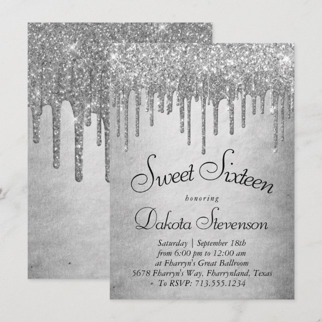 Dripping Silvery Glitter | Platinum Sweet Sixteen Invitation (Front/Back)