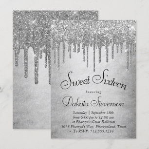 Dripping Silvery Glitter   Platinum Sweet Sixteen Invitation
