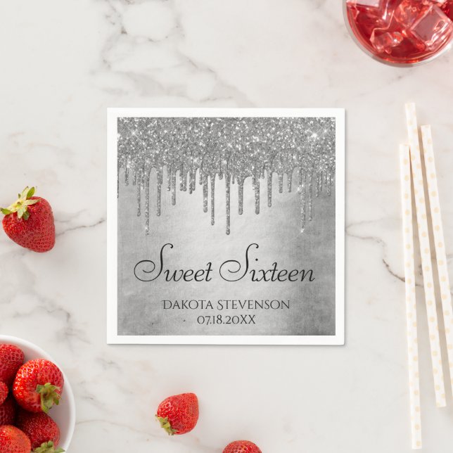 Dripping Silvery Glitter | Platinum Sweet Sixteen Napkin (Insitu)