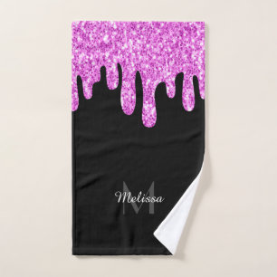 Dripping Sparkles Glitter Pink Black Monogram Bath Towel Set