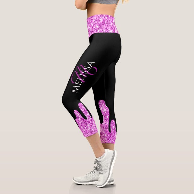 Dripping Sparkles Glitter Pink Black Monogram Capri Leggings (Left)