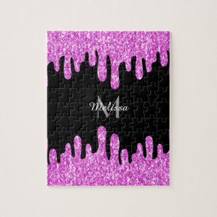 Dripping Sparkles Glitter Pink Black Monogram Jigsaw Puzzle