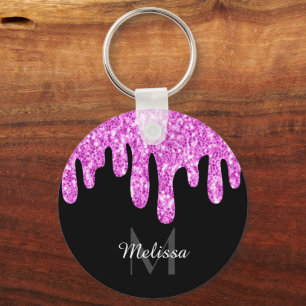 Dripping Sparkles Glitter Pink Black Monogram Key Ring