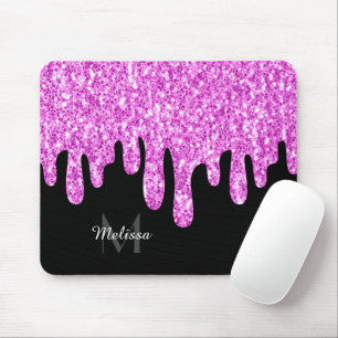 Dripping Sparkles Glitter Pink Black Monogram Mouse Pad