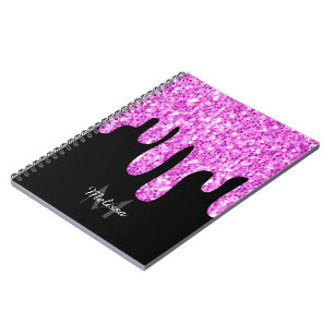 Dripping Sparkles Glitter Pink Black Monogram Notebook