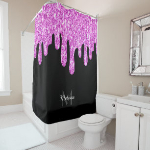 Dripping Sparkles Glitter Pink Black Monogram Shower Curtain