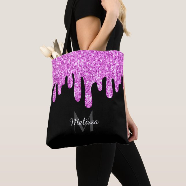 Dripping Sparkles Glitter Pink Black Monogram Tote Bag (Close Up)