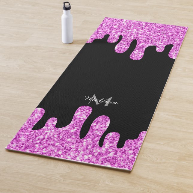 Dripping Sparkles Glitter Pink Black Monogram Yoga Mat (In Situ)