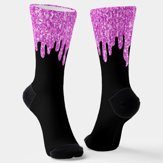 Dripping Sparkles Glitter Pink Black Socks (Angled)