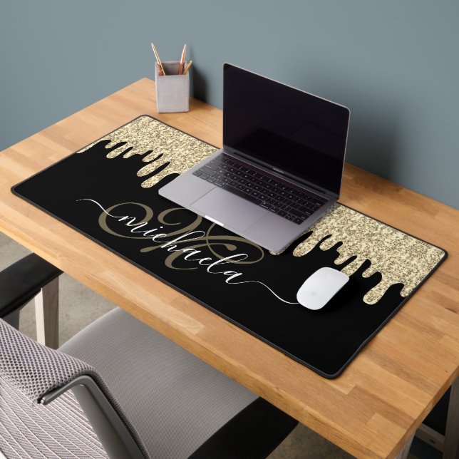 Dripping sparkles gold and black elegant Monogram Desk Mat (Office 2)
