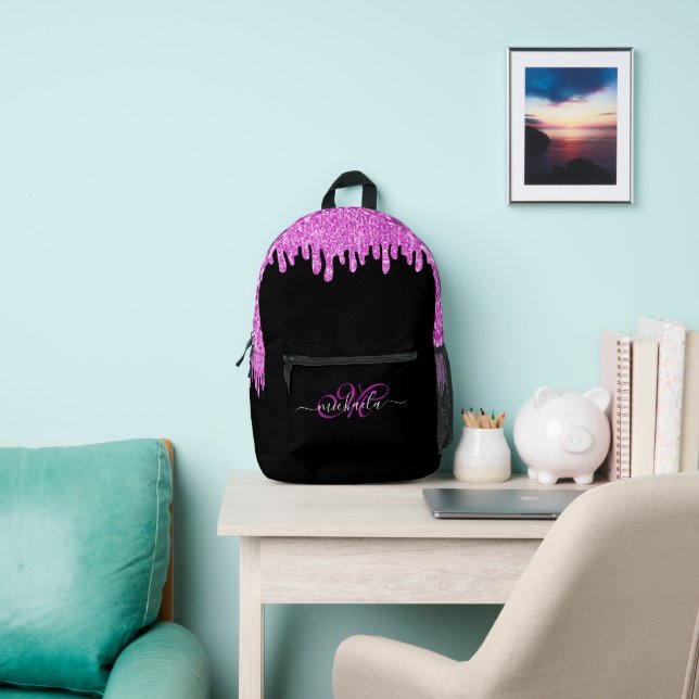 Dripping sparkles pink lavender and black Monogram Printed Backpack (Insitu)