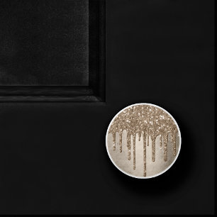 Dripping Taupe Glitter Champagne Gold Drizzle Ceramic Knob