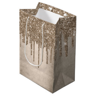 Dripping Taupe Glitter Champagne Gold Drizzle Medium Gift Bag