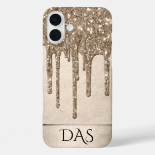 Dripping Taupe Glitter   Champagne Gold Monogram iPhone 16 Plus Case