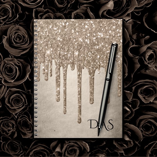 Dripping Taupe Glitter | Champagne Gold Monogram Notebook (Creator Uploaded)