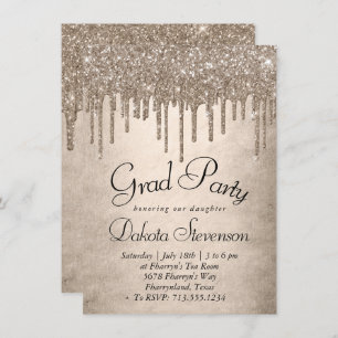 Dripping Taupe Glitter   Champagne Melt Graduation Invitation