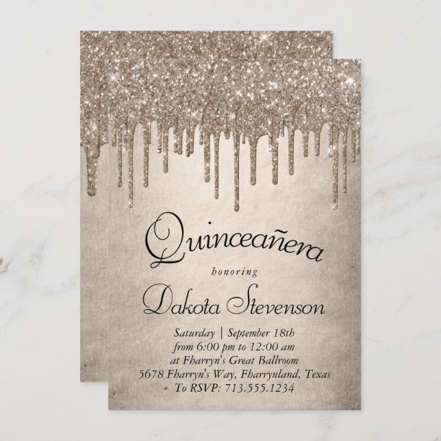 Dripping Taupe Glitter | Champagne Quinceanera Invitation (Front/Back)