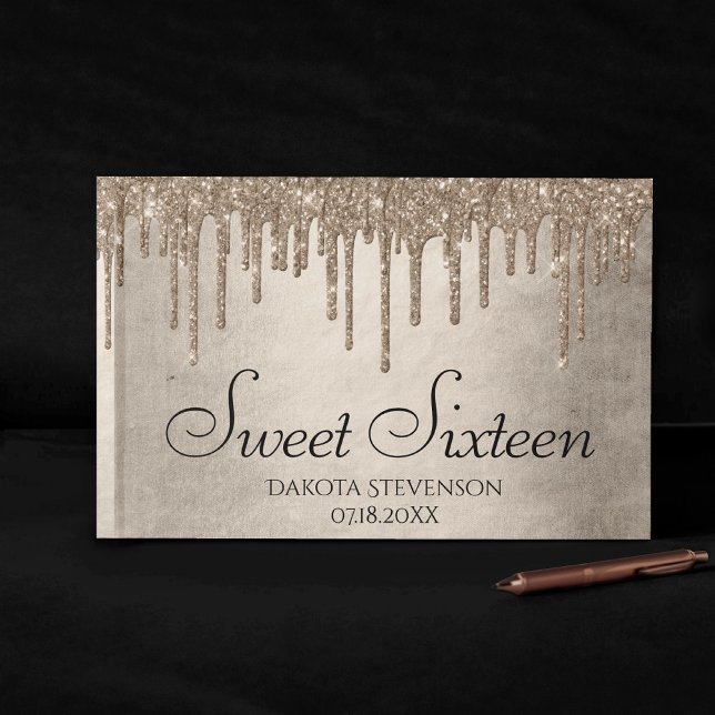 Dripping Taupe Glitter | Champagne Sweet Sixteen Guest Book (Creator Uploaded)