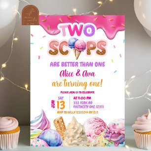 Dripping Twins Pink Ice Cream Girl Birthday  Invitation
