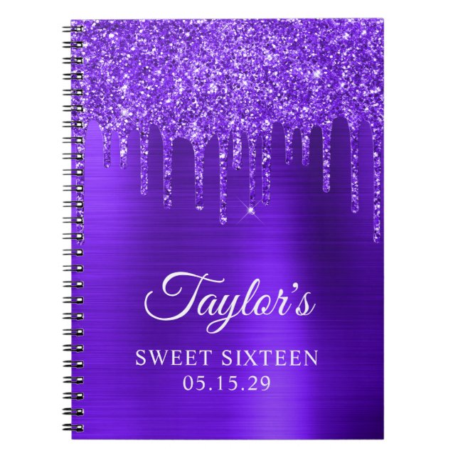 Dripping Violet Purple Glitter Glam Sweet 16 Notebook (Front)