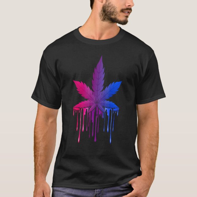 Dripping Weed Leaf Bisexual Flag Bisexuality Pride T-Shirt (Front)