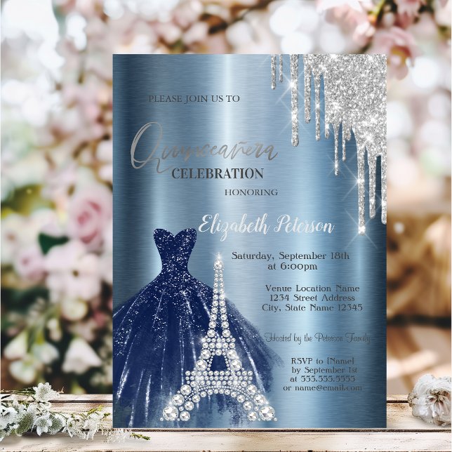 Drips,Blue Dress,Eiffel Metallic Quinceañera  Invitation (Creator Uploaded)