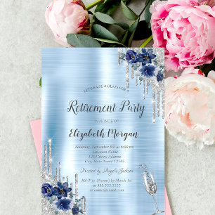 Drips,Blue Flowers Blue Metallic Retirement  Invitation