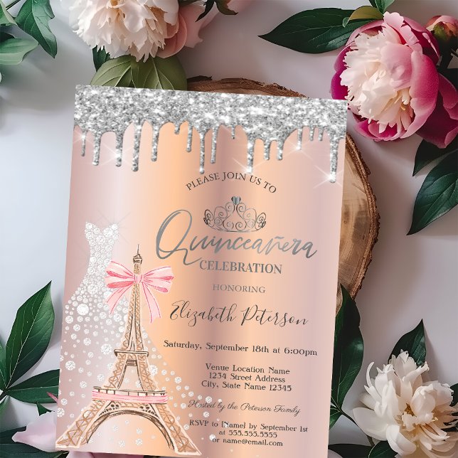  Drips Diamond Dress Eiffel Tower Bow Quinceañera  Invitation (Creator Uploaded)