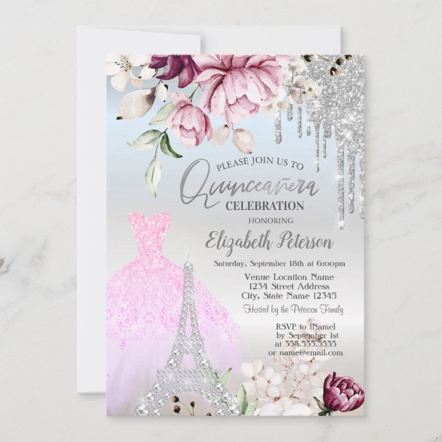 Drips,Dress,Eiffel Tower Lilac Roses Quinceañera Invitation (Front)