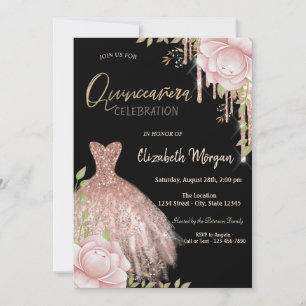 Drips Dress Pink Flowers Black Quinceañera Invitation