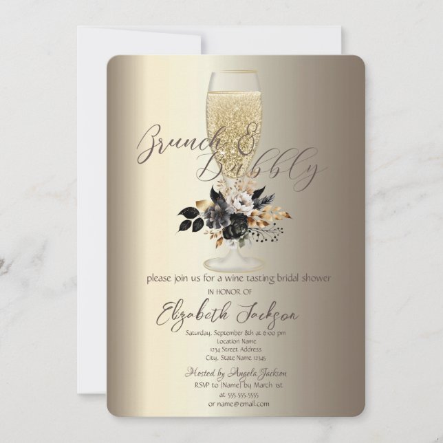 Drips Glass Black Roses Champagne Brunch & Bubbly Invitation (Front)