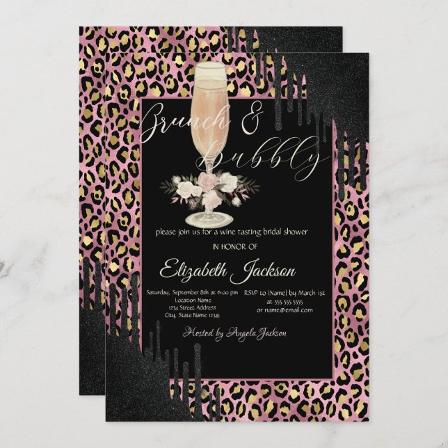  Drips,Glass,Flower Leopard Print Brunch & Bubbly  Invitation (Front/Back)