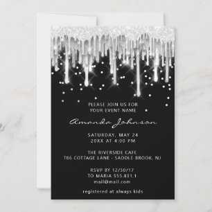 Drips Glitter Bridal Wedding Black Silver Grey Invitation