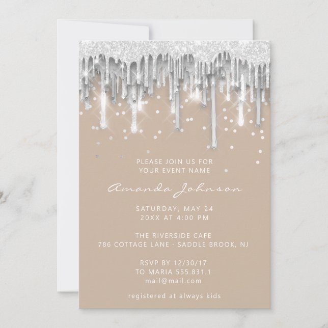 Drips Glitter Bridal Wedding Ivory Silver Grey Invitation (Front)