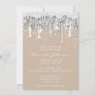 Drips Glitter Bridal Wedding Ivory Silver Grey Invitation