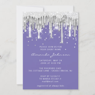 Drips Glitter Bridal Wedding Purple Silver Grey Invitation