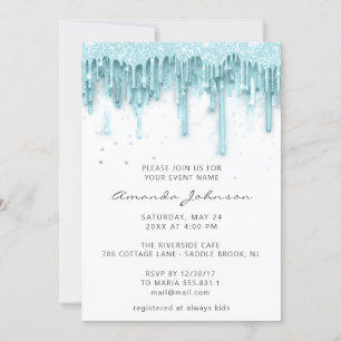 Drips Glitter Bridal Wedding White Aqua Invitation