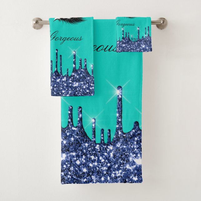 Drips Glitter Effect Lash Hello Beauty Mint navy  Bath Towel Set (Insitu)