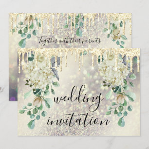 Drips Glitter Floral Mint Green Wedding Gold Invitation