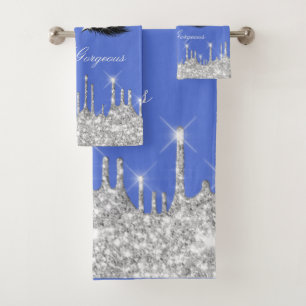 Drips Glitter Silver Blue Grey Eyelash Hello Bath Towel Set