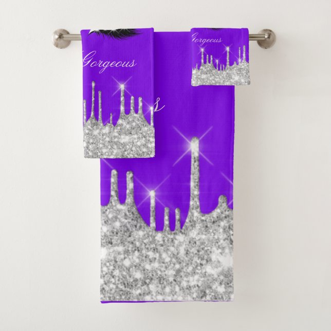 Drips Glitter Silver Purple Lash Hello  Bath Towel Set (Insitu)